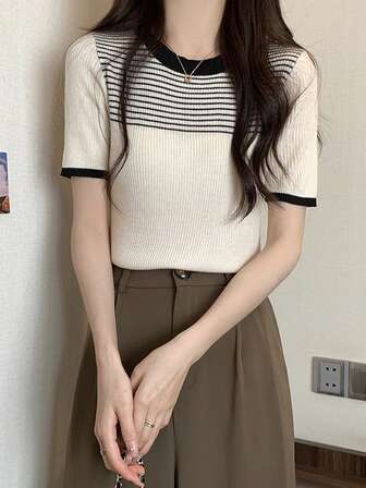 1pc Women's Striped Detachable Collar, Available In Black, Apricot, Red, Olive Green, Brown