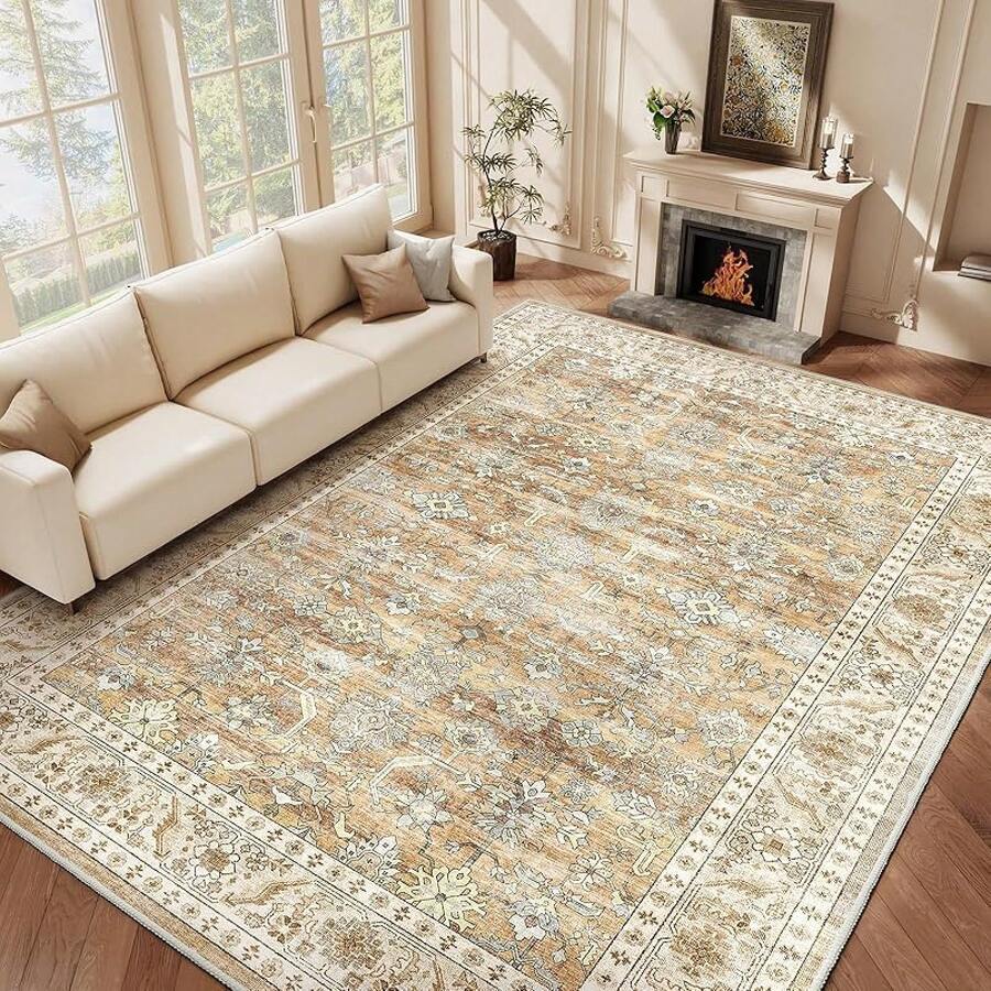 HOMFINE Green Vintage Rug Living Room 160 X 230 Cm Washable Short Pile Boho Rugs Soft Non-Slip Large Retro Rugs For Living Room Carpet For Bedroom Dining Room Kitchen
