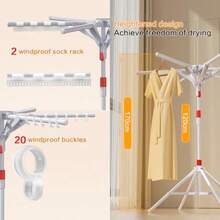 Clothes Drying Rack Comes With 6 Swivel Hanger Arms Foldable Convenient Stainless Steel HeightAdjustable 4Leg Drying Rack With 20 Windproof Hooks And 2 Windproof Sock Racks - Grey - View 6