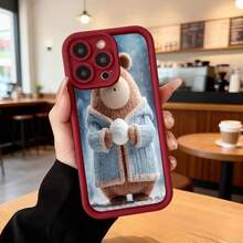 Fundas para telefono de silicona negra con estampado de oso polar en abrigo azul sosteniendo bola de nieve ideal para uso diario en cafes y espacios interiores Aplicable a los teléfonos de la serie Apple y Galaxy - Negro - Ver 5