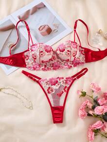 2PCS Women's Red Embroidered Flower Sexy Intimate Underwear Set, Flirty Cute Ultra-Short Bra And Thong Lingerie Set, Christmas Halloween Gift