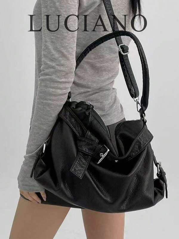 Women's Bag, Black, Korean Retro Large Capacity Tote Bag, Niche Fashion French Adjustable Shoulder Strap Crossbody Bag, Commuting Texture Casual Shoulder Bag, Suitable For Girls, Students, Office Workers, Girls, Used For Daily Commuting, Shopping, School Dates, Travel, Large Size