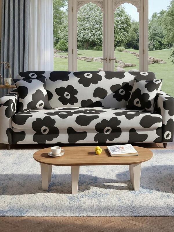 1pc Black Floral Pattern Stretch Full Coverage Sofa Cover, Elegant Modern Style, Made Of Polyester Fabric, Machine Washable, Suitable For All Seasons
