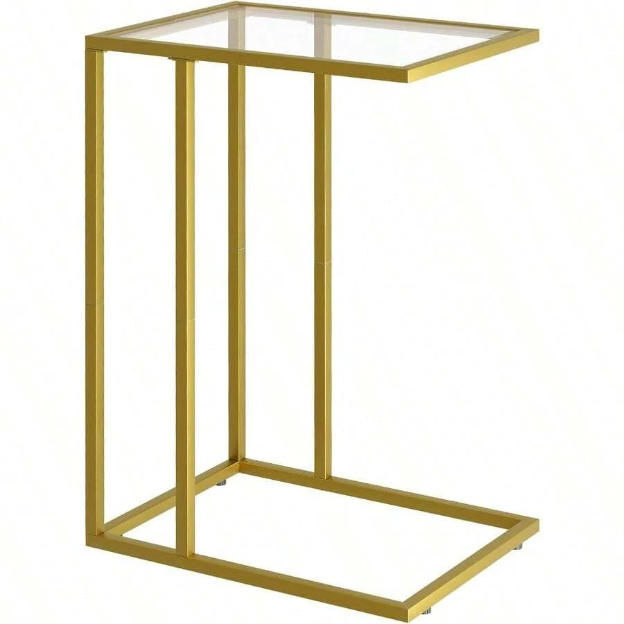 CShaped End Table Side Table For Couch Sofa Snack Table With Tempered Glass And Metal Frame Small TV Tray Table For Small Space Living Room Bedroom Bedside Modern Style Gold