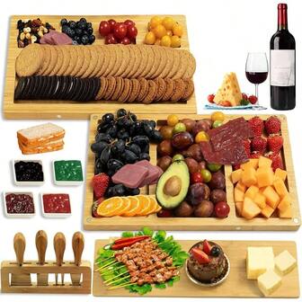 5 - In - 1 Premium Cheese Board And Knife Set - 3 Charcuterie Boards And 4 Knives Set With 4 Bowls, Serving Platter Tray, Unique Gifts Wedding Reception, Housewarming, Party