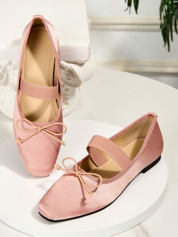 New Pink Bow Shallow Mouth Ballet Flats Square Toe Mary Jane Flat Shoes For Women, Hollow Out, Solid Color, Fashion, Suitable For Outdoor Wear All Seasons
