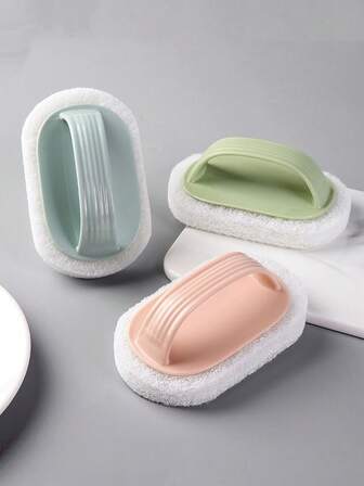 1个/2个装带柄海绵清洁刷，颜色随机/符合人体工学的手柄和挂孔 - 强力海绵，适用于清洁锅碗瓢盆、瓷砖、浴室、厨房、淋浴房、浴缸、水槽、马桶 - 耐刮擦、耐用且易于清洁 - 多功能清洁刷，厨房百洁布刷