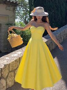 Robe d'été jaune canari boho pour femmes, décolletée avec volants, fermeture éclair dans le dos pour un enfilage facile. Convient pour les vacances à l'île, la plage, les festivals de musique/concerts et le port quotidien