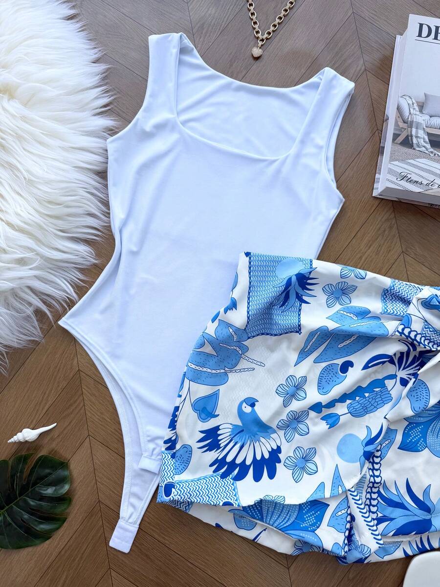 ELLIE Set With Bodysuit (Supplex Bodysuit + Lined Skirt With Shorts) - Màu trắng ở trên và màu xanh ở dưới - Xem 1