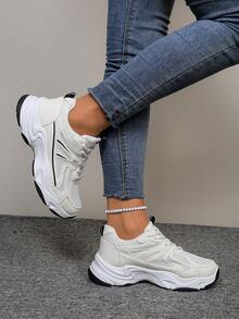 Sneaker da donna con punta tonda e design con lacci, in stile patchwork con colori a contrasto e rete traspirante, minimalista e chic, suola spessa versatile, adatta per studenti, lavoro, casual, viaggi