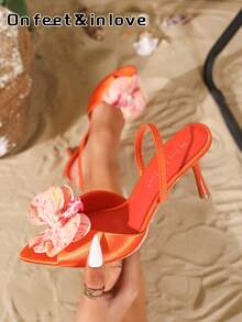 On feet& in love 女士时尚花卉缎面高跟凉鞋，尖头露趾后系带细高跟鞋