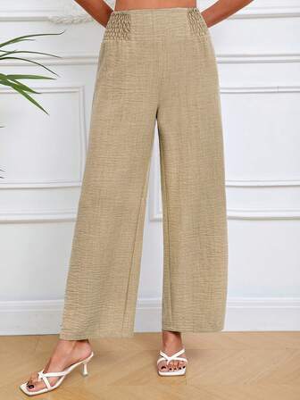 2025 New European & American Style Women's Spring/Summer Fashion Solid Color Elastic Waist Wide Leg Pants, Loose Comfortable Versatile Casual Office Wear Loose Long Trousers, Minimalist Daily
