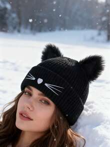 1件装 女士猫咪针织帽 带耳朵 黑色猫咪针织帽 冬季可爱Y2K猫耳朵针织帽 适合女孩、成人和儿童 - 紅色 - 查看 4