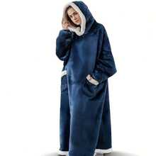 Extra Thick Hoodie Flannel Wool Extra Long Wearable Blanket For Women Men, Extra Large Blanket Sweatshirt Super Soft Comfort Winter Giant Adult Wearable Blanket Hoodie With Pockets - Màu xanh lam - Xem 5