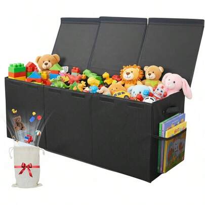 Large Storage Box With Lid Collapsible Sturdy Storage Rganizer Chest Bins With Divider, Nursery, Bedroom, Playroom, 94x41x36cmBlack