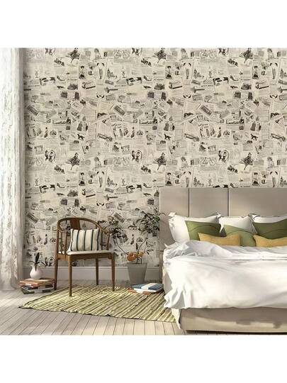 Roll Of Retro Newspaper Pattern Wallpaper. It Is Peel Stick, No Glue Required, Easy To Install Removable. Bedroom Living Room Accent Wand ation, As Well Tabletop Cabinet Renovation. Paper Stickers