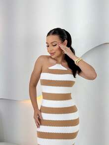 Midi Dress With Halter Neck, Striped, Premium Modal Knit, Summer Style - Màu be - Xem 3