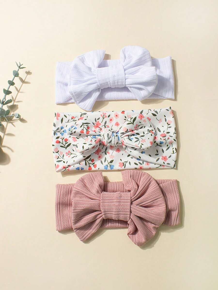 3pcs/Set Newborn Baby Girl Cute Ribbed Bow Headband Set, Suitable For Daily Use - Multicolor - View 1