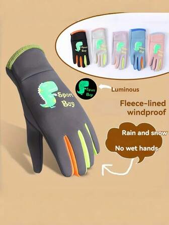 Guantes de ciclismo y deportes al aire libre con forro polar, a prueba de viento y que brillan en la oscuridad, para niños de otoño/invierno, unisex