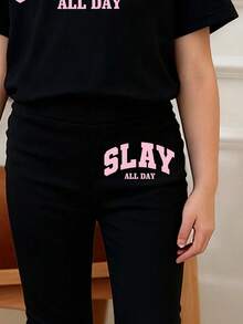 女童卡通印花短袖上衣和修身喇叭裤套装 - 黑色 - 查看 4