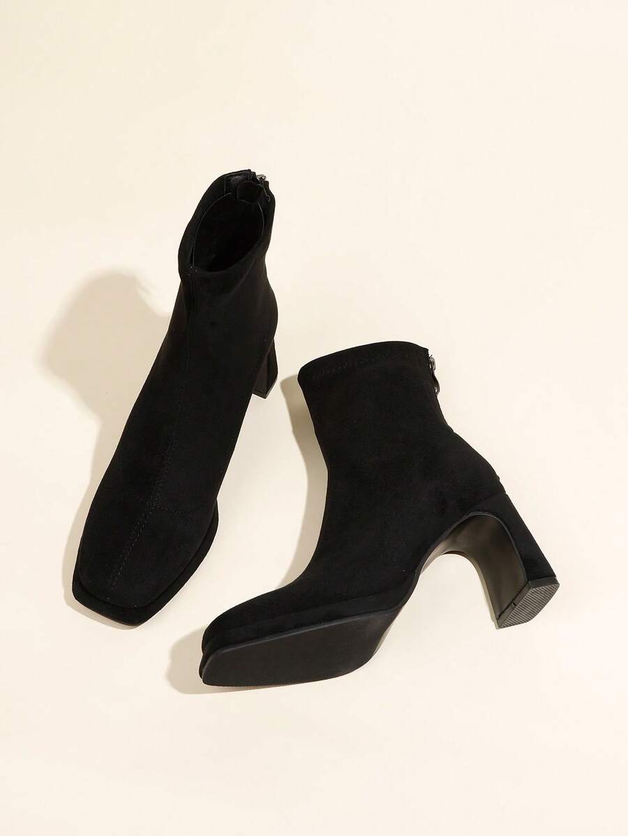 Fall/Winter 8cm Square Heel Women's Black Ankle Boots, Comfortable Block Heel, Back Zipper, Waterproof Platform Chunky Heel Slim Boots,High Heels - Black and White - View 1