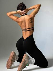 女式纯色露背运动连体裤 - 黑色 - 查看 6