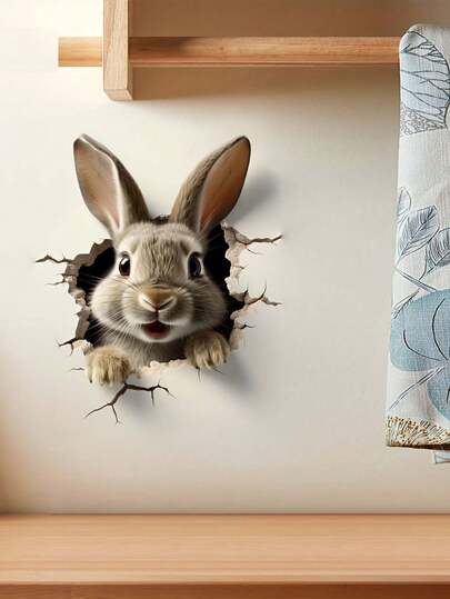 Adorable 3D Rabbit Wall Decal - Easy Stick PVC, Finish For Bedroom, Living Room & More, Contemporary Style, Animal Theme, Rectangle Shape Wall Stickers Room Decor Wall Decor Wall Sticker Bedroom Decor Kitchen Decor Home Decor