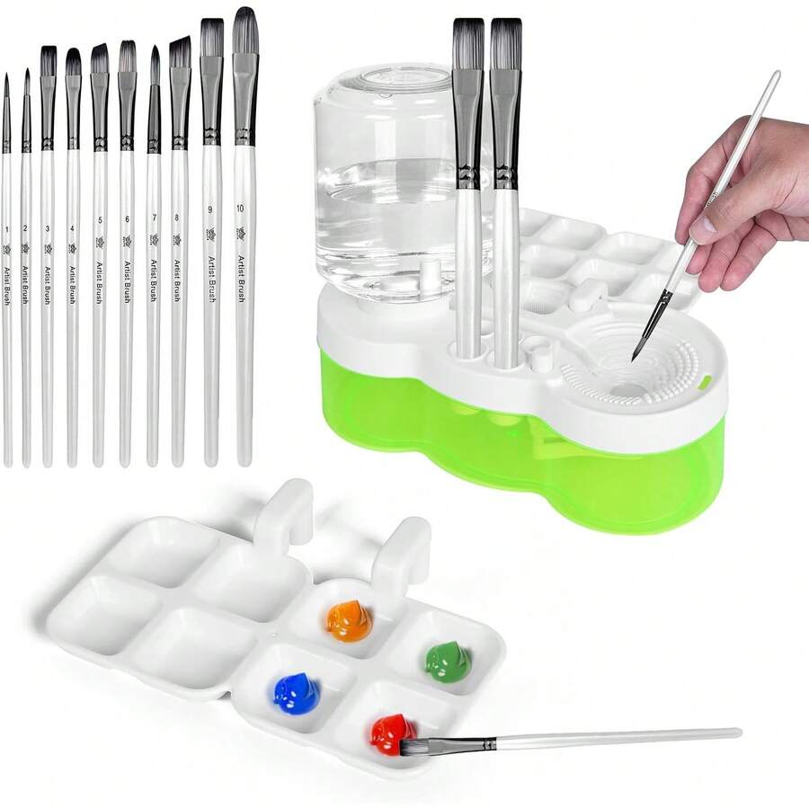 EstiloTendenciaJuego De 10 Pinceles Profesionales Y Enjuagador De Pinceles Limpiador Con DepóSito De Agua, Acuarela Y Pinturas A Base De Agua, Lavador De Pinceles Para Artistas Estudiantes TalleresCalidad PremiumVersióN Mejorada - 1 - Ver 1