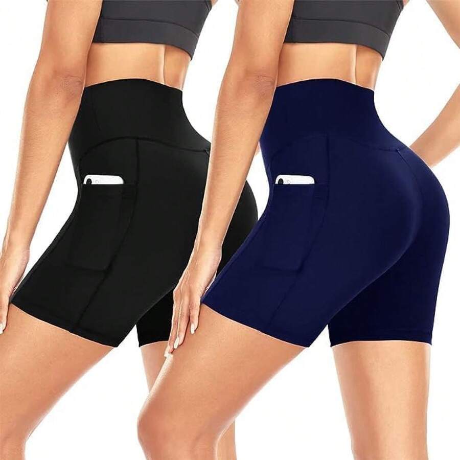 Shorts Deportivos Mujer, 2 Artículos Leggins Deportivos Cortos con Dos Bolsillos, Ajuste Ceñido para Ayudar Recoge Barriga y Lifting de Glúteos, Adecuados para Fitness, Yoga, Running y Ciclismo - G - Ver 1