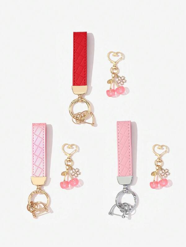 New Pink Heart & Cherry Car Key Chain Set, Cute Minimalist Fashion Gift For Friends, Family, Loved Ones, Best For Halloween, Christmas