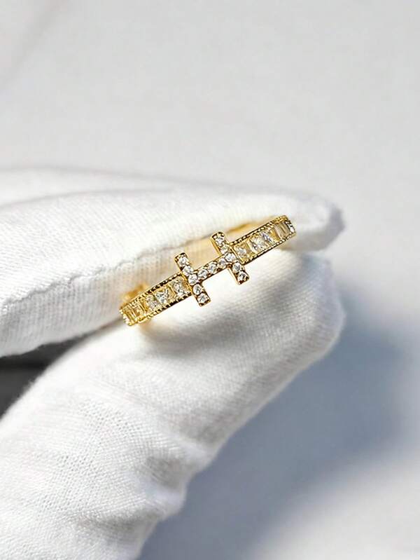 JOJELOO خاتم مطلي بالذهب عيار 18 قيراط بتصميم هندسي بسيط على شكل حرف T مزدوج، مرصع بالزركونيا، قابل للتعديل، إكسسوار موضة جديد، هدية أنيقة للمحبي التصميم البسيط والعصري