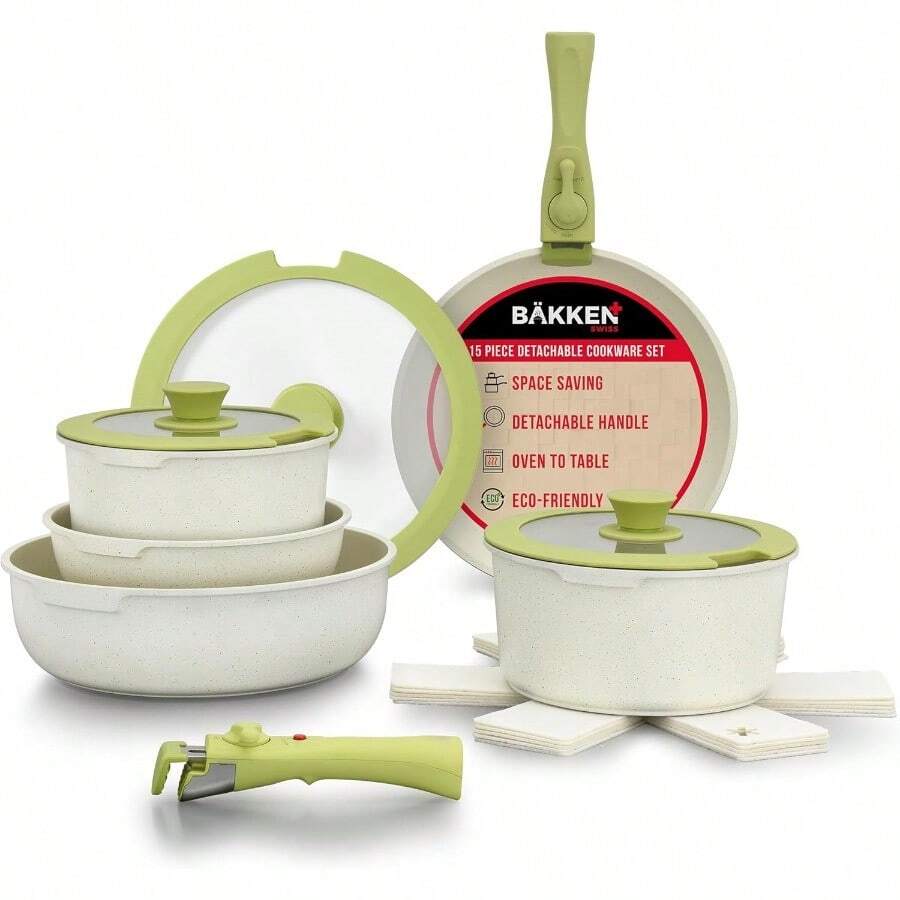 BakkenSwiss Detachable 15Piece Cookware Set Granite NonStick  Stackable Removable Handles For All Stoves And OvenSafe Green Cream Color - Green - View 1