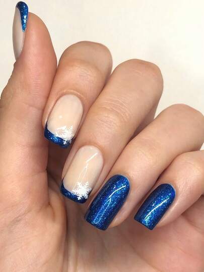 Elevate Your Style With 24pcs Christmas French Tip Short Square Press On Nails Glistening Blue Snowflake Design Fit Perfectly Fake Nails Kit Full Cover False Nails Includes 1sheet Adhesive Tabs & 1pc Mini File For Daily Dating Office Home Party Women Jewelry Accessories False Nail Tips 1 File Strip Jelly Gel