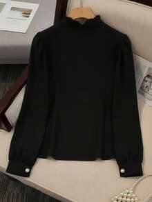 优雅女士黑色荷叶边衬衫，珍珠纽扣，长泡泡袖，立领，涤纶衬衫上衣