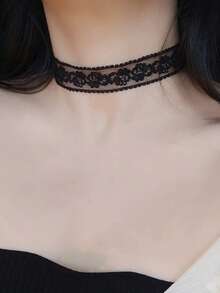 1pc Fashionable Fabric & Lace Choker Necklace, Suitable For Daily Wear - Black - View 6