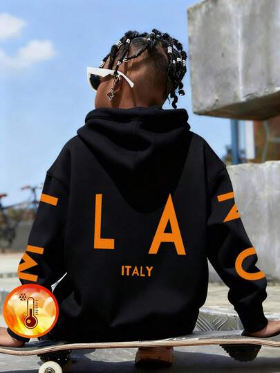 1pc Tween Boys' Casual Printed Pullover Sweatshirt, Warm Thermal Lined, Colorful & Imaginative Design, Suitable For Students, Autumn/Winter, Italy