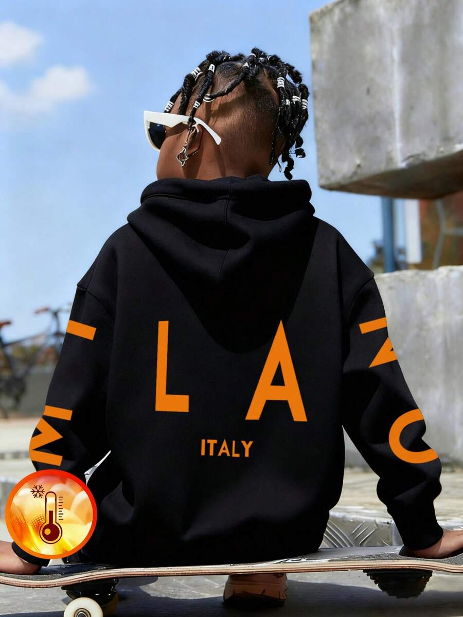 1pc Tween Boys' Casual Printed Pullover Sweatshirt, Warm Thermal Lined, Colorful & Imaginative Design, Suitable For Students, Autumn/Winter, Italy - Black - View 1