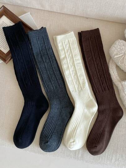 1 Pair Women's Thick Warm Cable Knit Knee High Socks, Solid Color Versatile For Winter, Cozy Socks