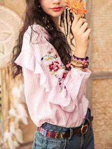 女士秋季刺绣前扣上衣，女士春夏装，波西米亚风长袖上衣，法式优雅女士衬衫，女士新年装