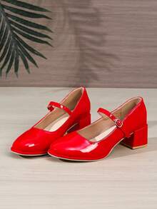 Women High Chunky Platform Closed Toe Block Heels Square Toe Strappy Dress Prom Wedding Party Pumps Shoes - Red - View 6