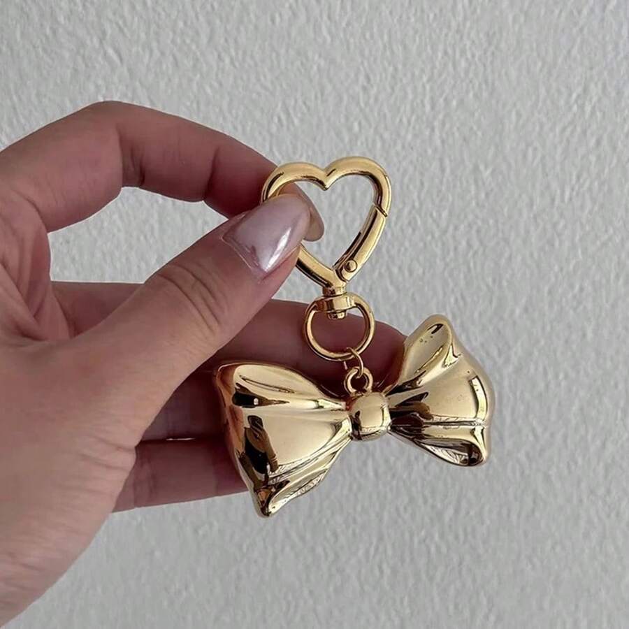 1 Pc Cute Punk Big Bowknot Keychain For Women Girls Smooth Metal Heart Love Buckle Bow Pendant Bag Decoration Accessories - 金色 - 查看 1