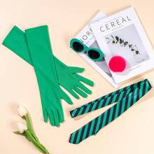 Roleplay Dreamy Set: Green Sunglasses, Striped Tie, Long Gloves, And Pink Pom-Pom Pin For Christmas, Thanksgiving, Valentine's Day, Party Decorations (Four-Piece Set)