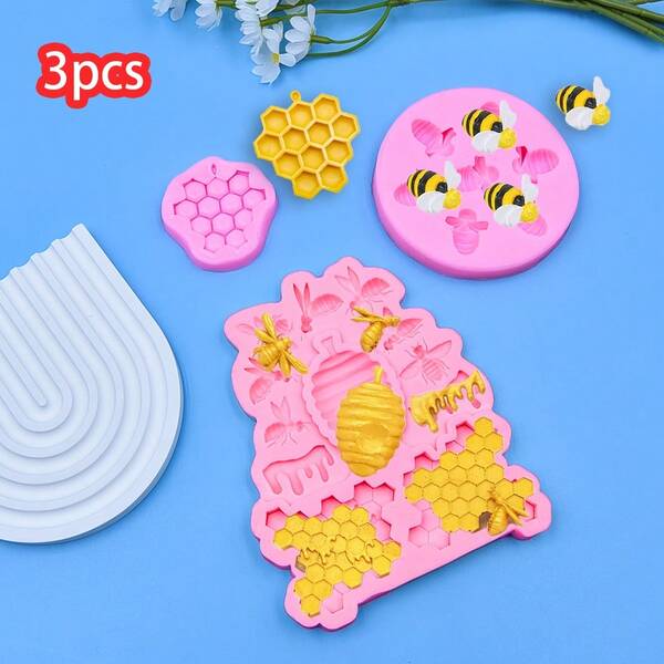 3 قوالب سيليكون بشكل واقعي للخلية السداسية والنحلة والعسل، قوالب طين بوليمري DIY - تصميم ديكور نحلة كرتونية وعسل