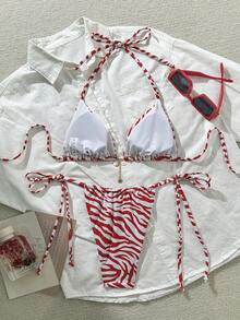 2件/組 時尚性感動物印花圖案女式比基尼泳衣,適合夏季游泳池、派對、海灘度假 - 紅色白色 - 查看 4