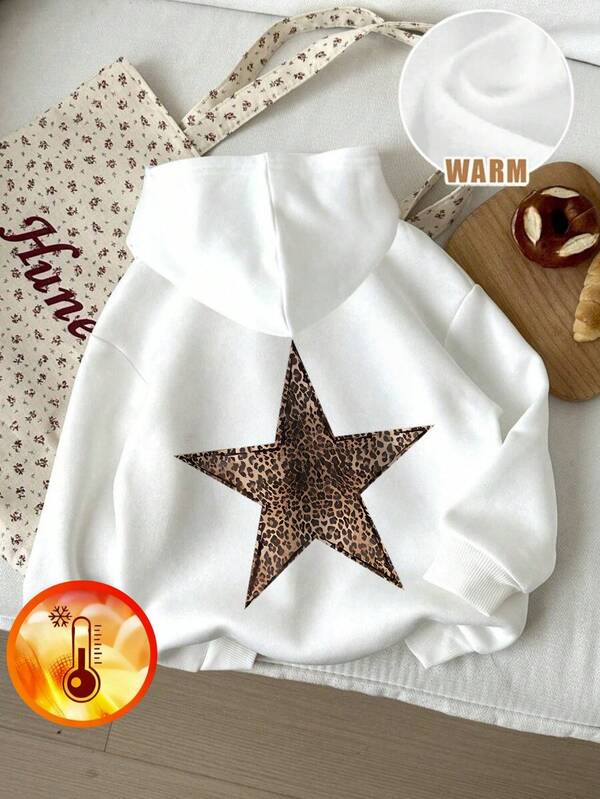 Sudadera con capucha casual estampada para niñas y niños, sudadera con capucha para otoño e invierno, ropa para estudiantes, ropa para niños pequeños, mangas largas con terciopelo añadido y parte superior gruesa, sudadera con capucha con estampado de leopardo y pentagrama, ¡lista para soñadores que persiguen la luz de las estrellas! Sudaderas con capucha, ropa de niña preadolescente, ropa de niños, ropa de niñas con estampado de leopardo y pentagrama