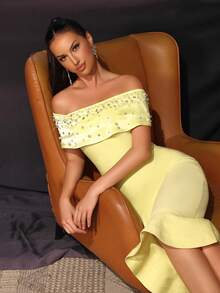 Đầm đuôi cá trễ vai gợi cảm đính ngọc trai và đá quý, thích hợp cho khách dự đám cưới, tiệc lễ hội, đầm dạ hội trang trọng dành cho nữ, đầm dự tiệc. - Màu vàng - Xem 2