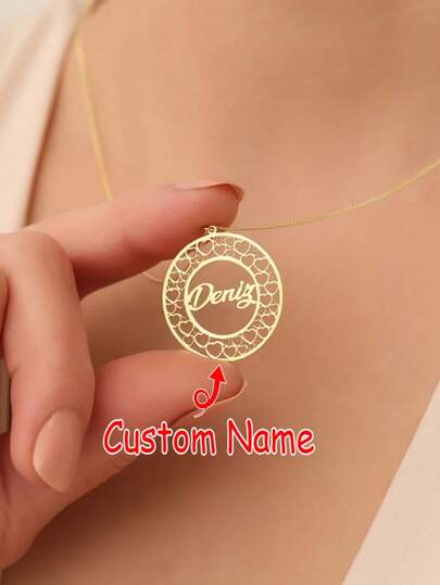 Customized Sidewalk Chain Necklace, Personalized Hollow Heart Necklace, Stainless Steel Circle Nameplate Pendant Necklace, Gift For Her, Jewelry, Mother's Day Gift, Christmas Gift, Valentine's Day Gift