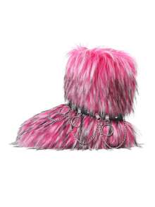 2025 Winter Knee High Boots Mid-Calf Pull-On Faux Fur Boots Furry Fluffy Round Toe Fashion Boots For Women Suede Comfy Plush Warm Knee High Boots Outdoor Indoor Flat Shoes EdgyElongate Party Dressy Women Winter Autumn Fall Boots - 玫紅色鏈條版 - 查看 5