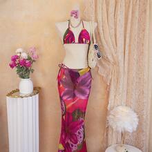 Conjunto de bikini de 3 piezas para mujer con estampado de flor de loto, diseño con lazo, falda maxi de malla, traje de baño vintage bohemio casual con tirantes finos, adecuado para vacaciones de primavera/verano, tomar el sol - Rojo - Ver 11