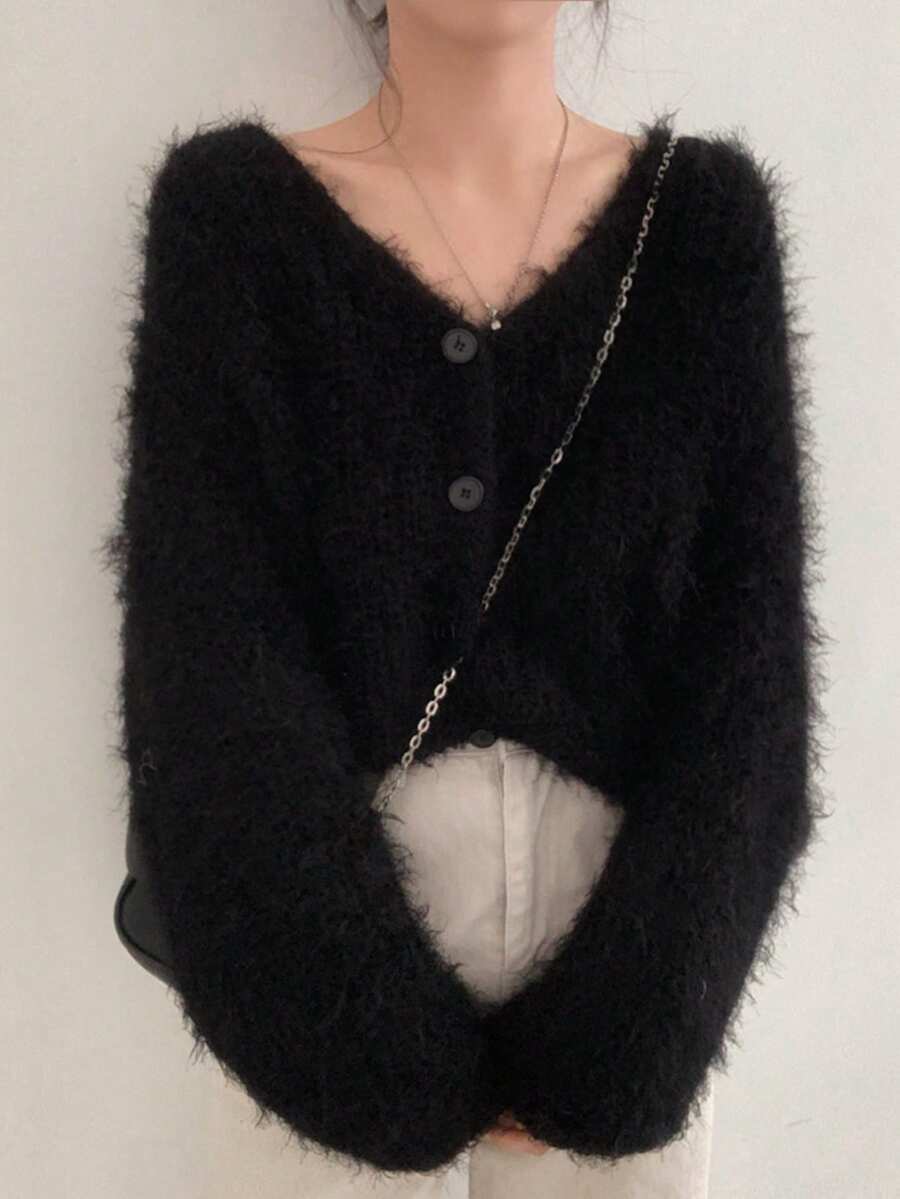 Áo khoác cardigan len dệt kim mềm mại phong cách Hàn Quốc, tay dài - màu đen - Xem 1